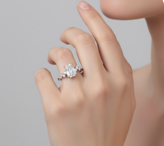 Radiant Cut Moissanite Engagement Ring With Hidden Halo And Side Stones