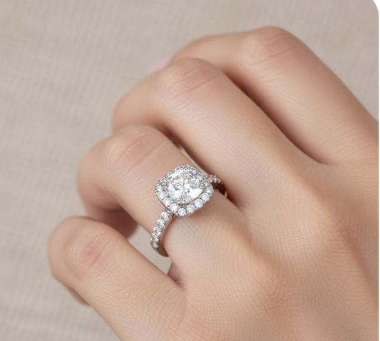 Cushion Cut Moissanite Engagement Ring, Tiffany Halo Style