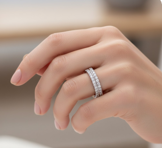 Round Cut Full Eternity Moissanite Wedding Ring, Continuous Double Row