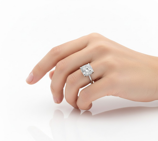 Cushion Cut Moissanite Engagement Ring with Elongated Hidden Halo Design