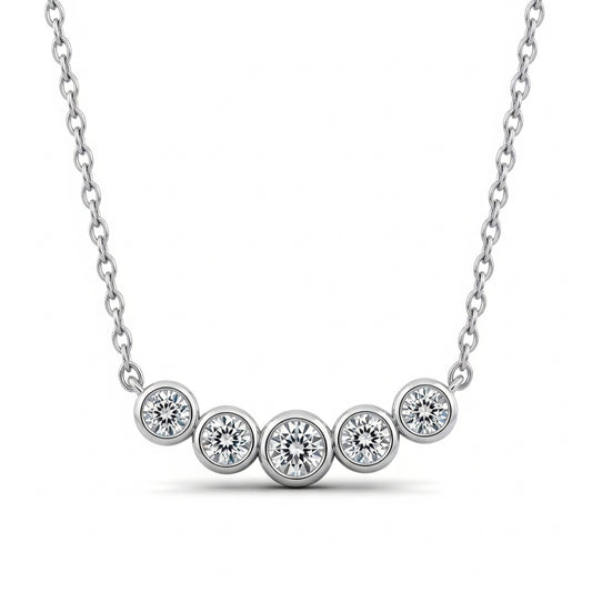 Silver necklace with five stones on a white background