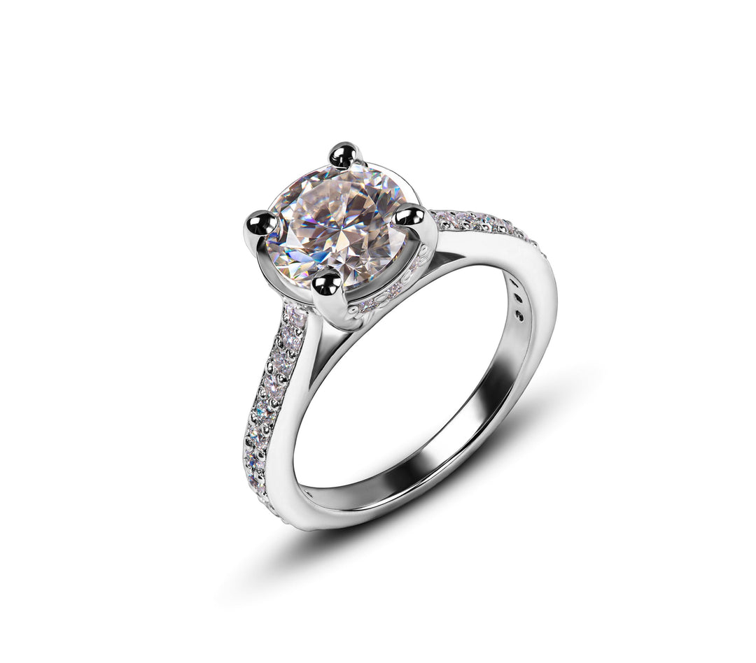 Solitaire Moissanite Engagement Ring in Cathedral Setting with Pave