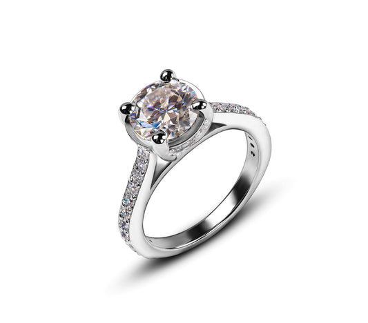 Solitaire Moissanite Engagement Ring in Cathedral Setting with Pave