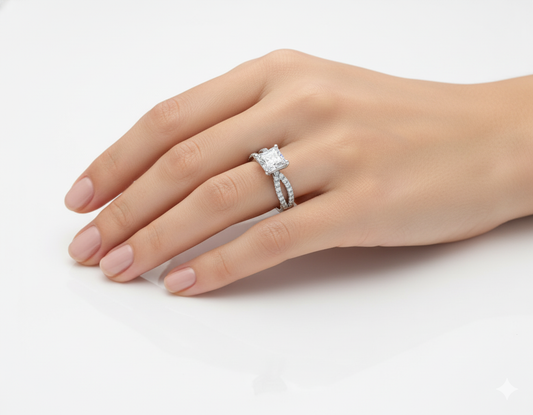 Twisted Shoulder Set Princess Cut Moissanite Engagement Ring with Hidden Halo hand wearing - Franc Laurent