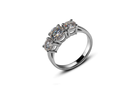 3 Stone Round-Cut Moissanite Engagement Ring, 4 Prong Setting