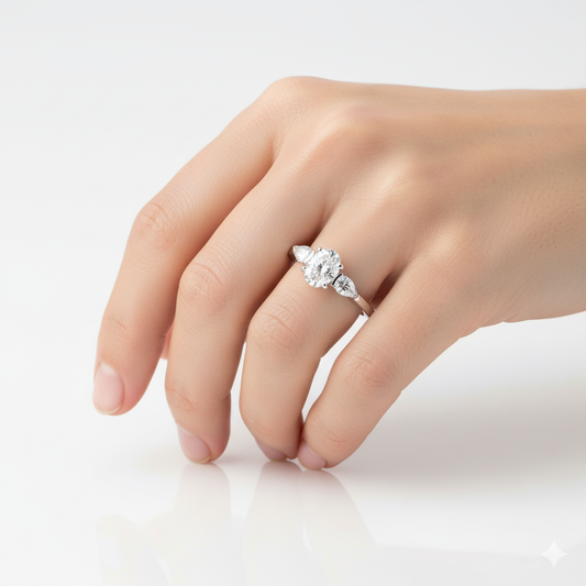 Oval Cut Moissanite Engagement Ring, 3 Stone Setting with Pear Side Stones