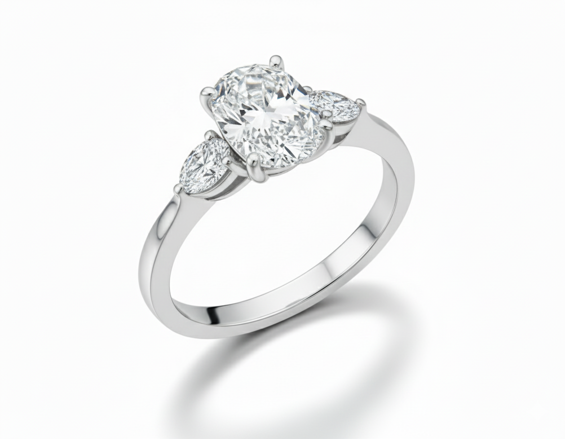 Oval Cut Moissanite Engagement Ring, 3 Stone Setting with Pear Side Stones