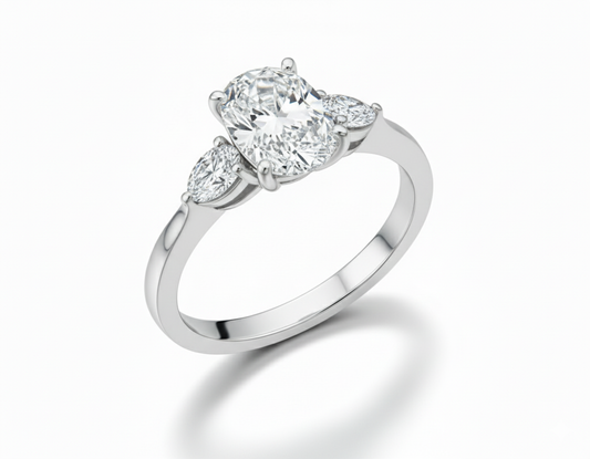 Oval Cut Moissanite Engagement Ring, 3 Stone Setting with Pear Side Stones