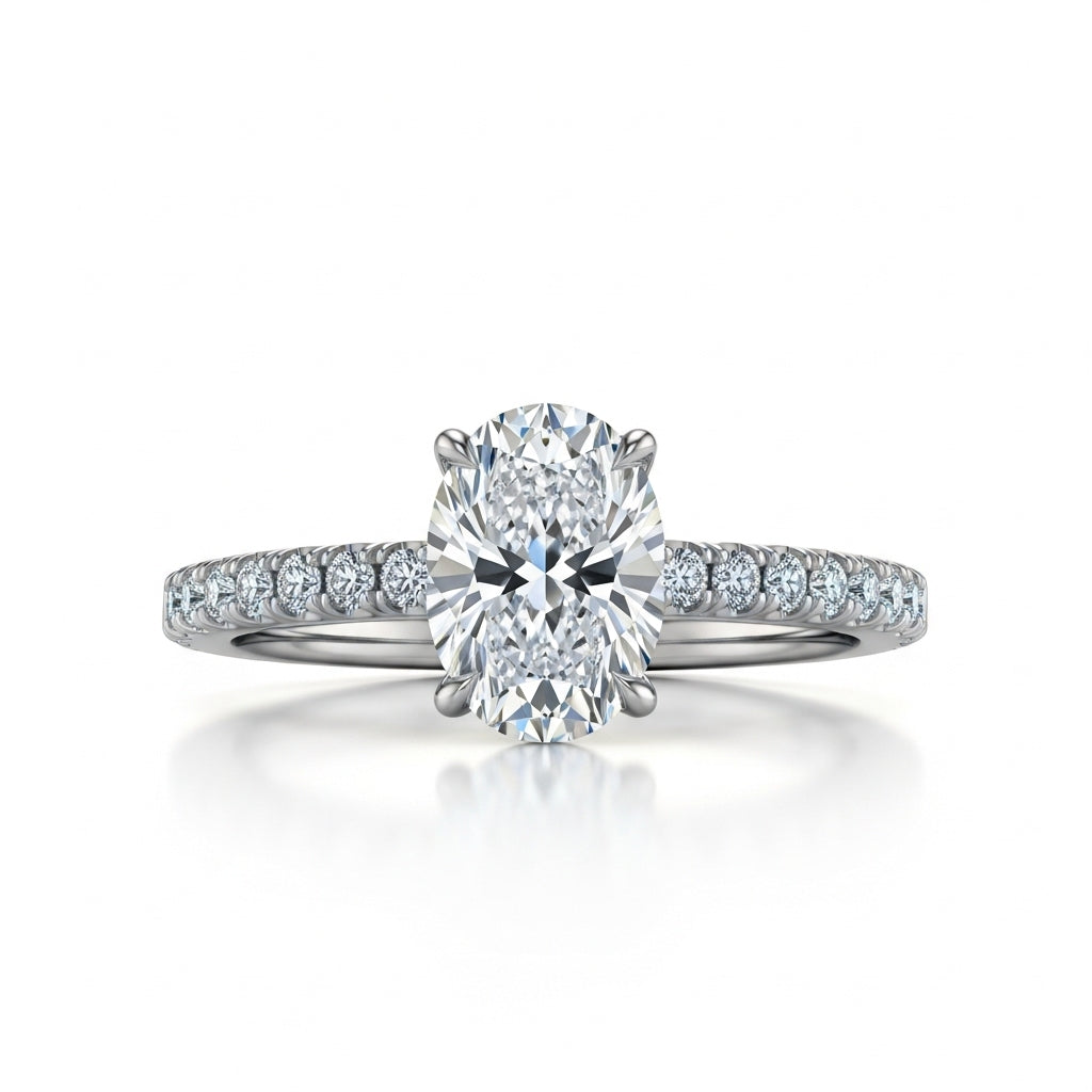 Oval Cut Moissanite Engagement Ring, Half Pave Band Setting