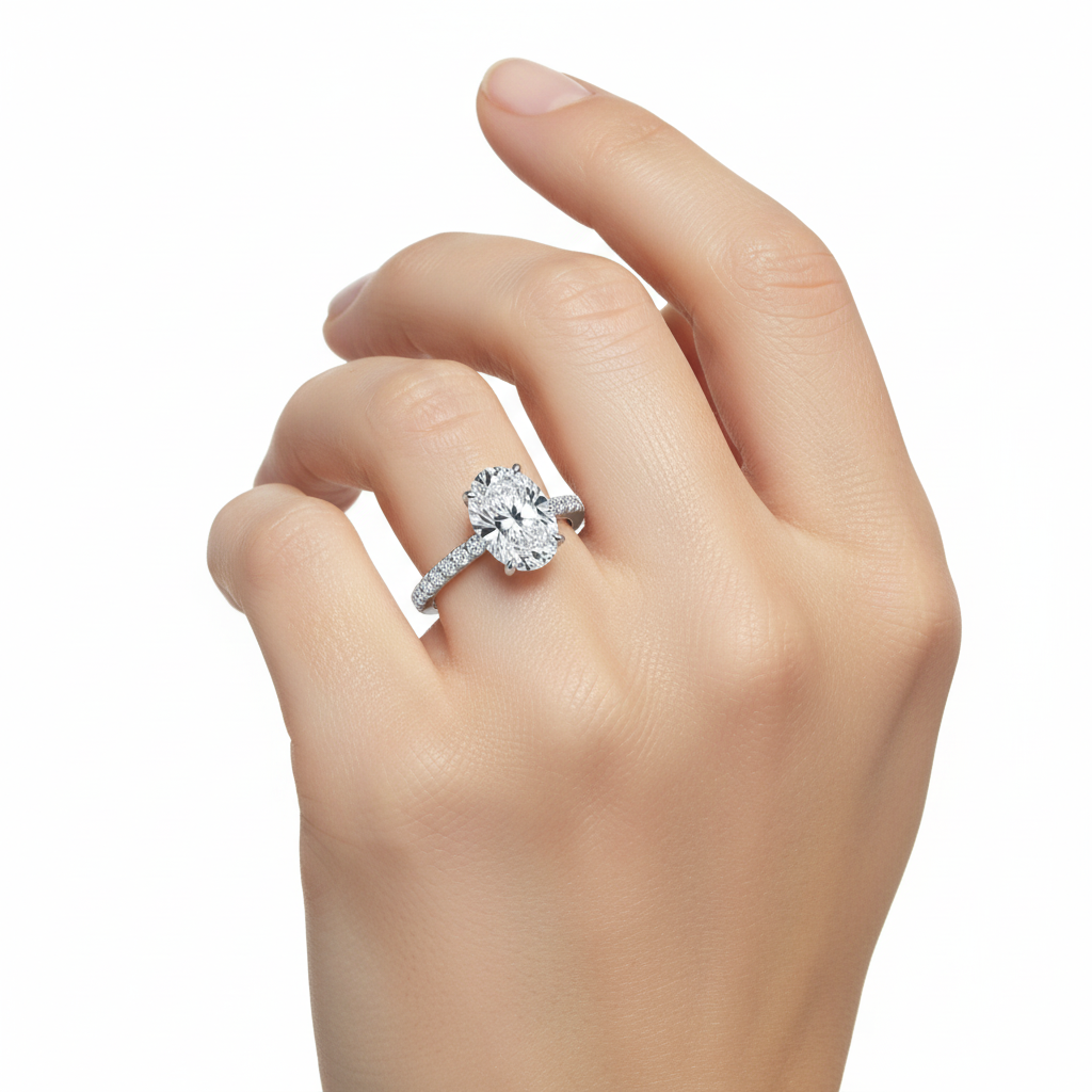 Oval Cut Moissanite Engagement Ring, Half Pave Band Setting