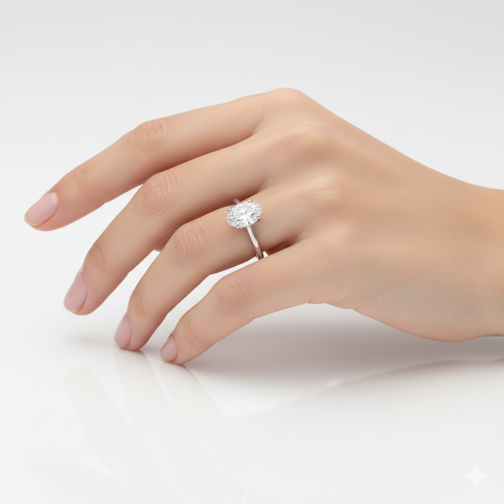 Oval Cut Moissanite Engagement Ring, Hidden Halo Prong Setting