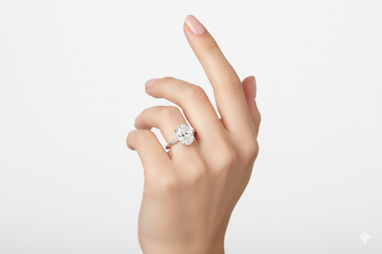 Oval Cut Moissanite Engagement Ring, Plain Band with Pave Hidden Halo