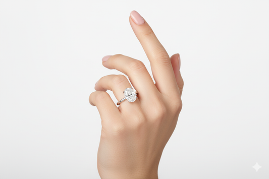 Oval Cut Moissanite Engagement Ring, Plain Band with Pave Hidden Halo