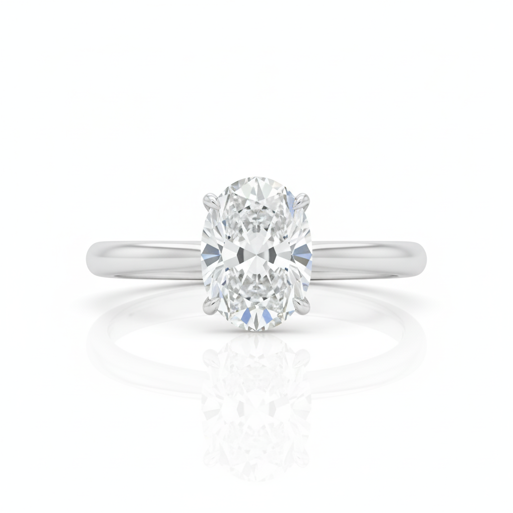Oval Cut Moissanite Engagement Ring, Plain Band with Pave Hidden Halo