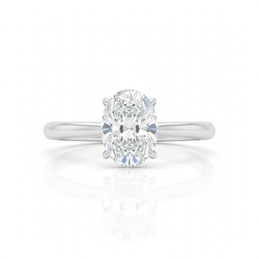 Oval Cut Moissanite Engagement Ring, Plain Band with Pave Hidden Halo