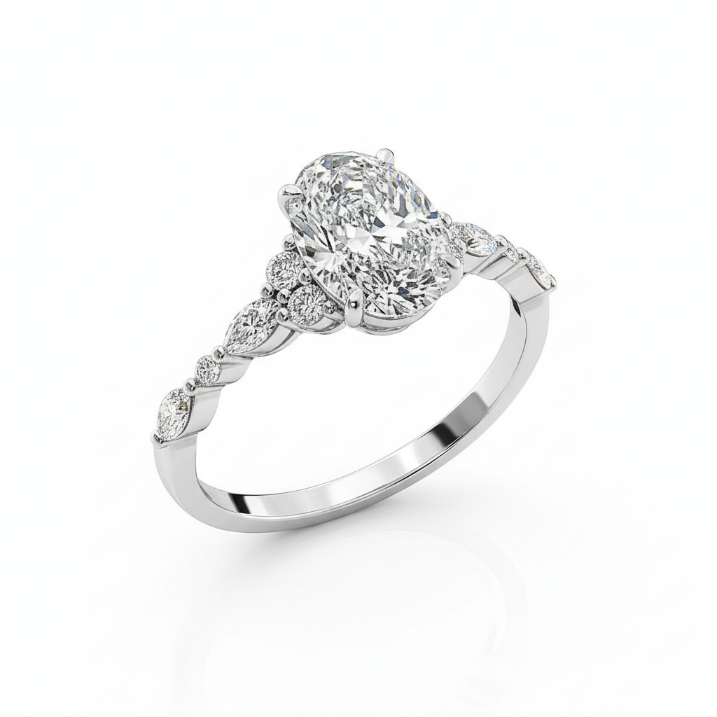 Oval Cut Moissanite Engagement Ring, Shoulder Set in Vintage Style