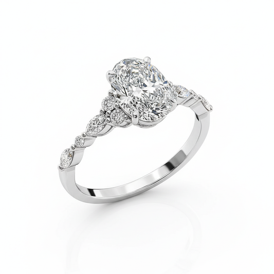 Oval Cut Moissanite Engagement Ring, Shoulder Set in Vintage Style