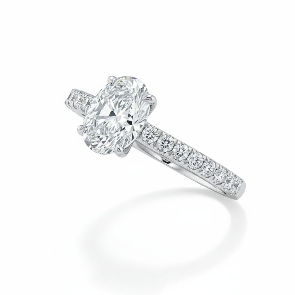 Oval Cut Moissanite Engagement Ring, Shoulder Set Pave Setting
