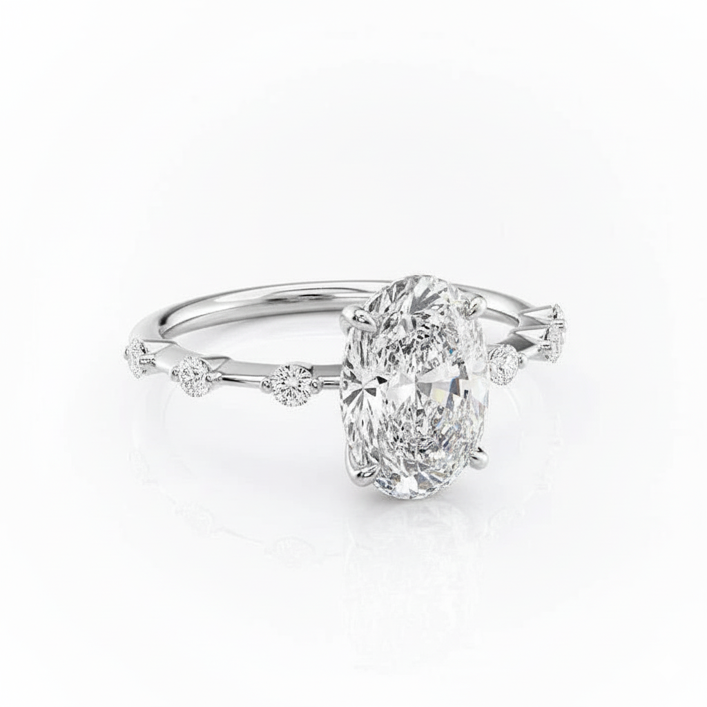 Oval Cut Moissanite Engagement Ring, Stone Set Shoulders in Hidden Halo