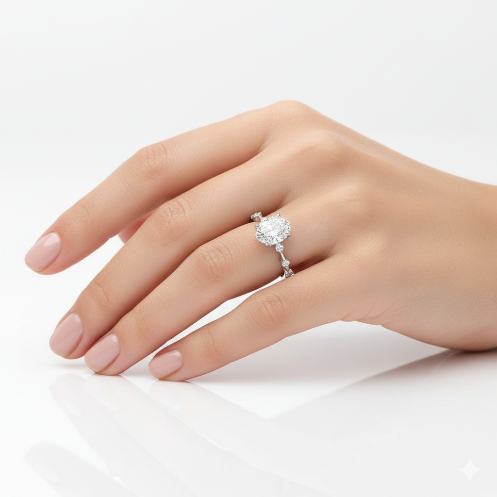 Oval Cut Moissanite Engagement Ring, Stone Set Shoulders in Hidden Halo