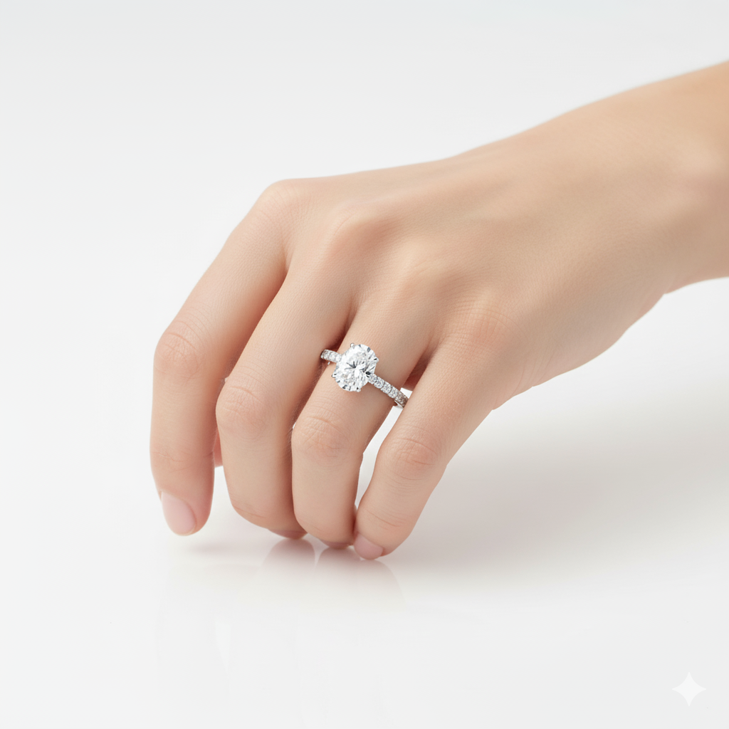 Oval Cut Moissanite Engagement Ring with Round Shoulder Set Accent Stones