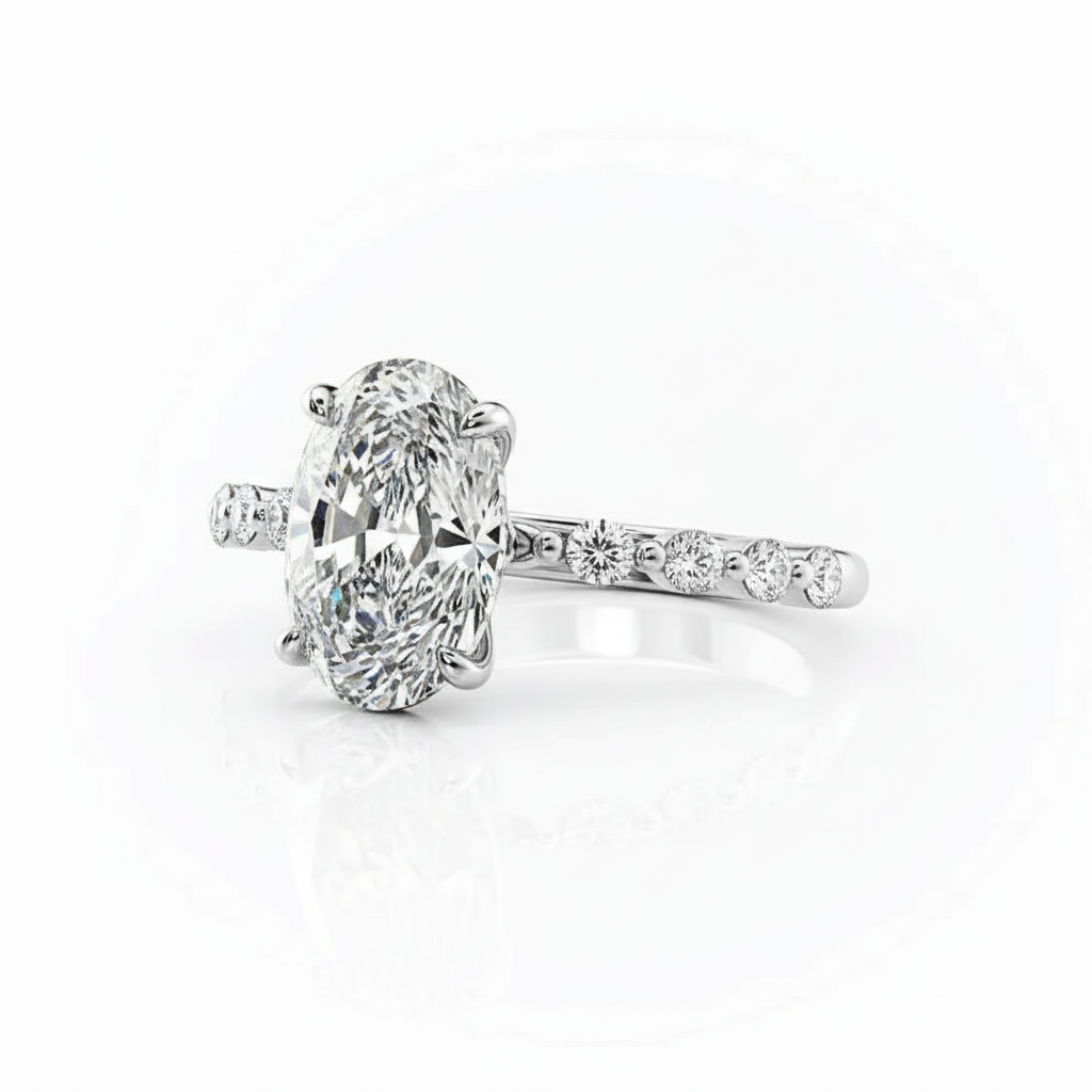 Oval Cut Moissanite Engagement Ring with Round Shoulder Set Accent Stones
