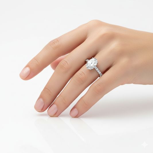 Oval Cut Moissanite Engagement Shoulder Set Ring With Hidden Halo