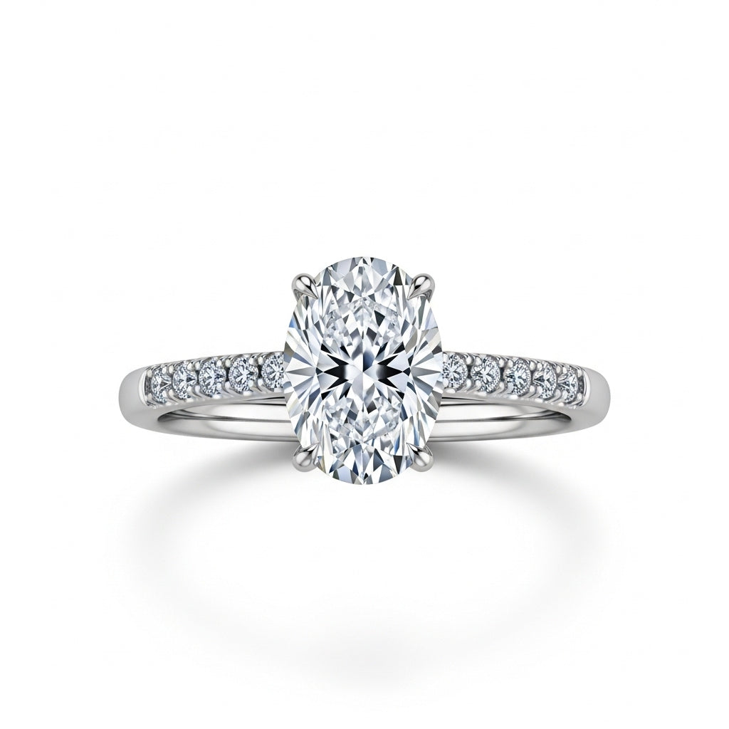 Oval Cut Moissanite Engagement Shoulder Set Ring With Hidden Halo