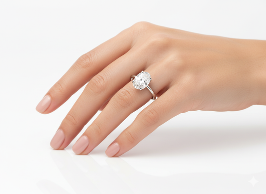 Oval Cut Moissanite Ring, Hidden Halo Design 4 Prong Setting