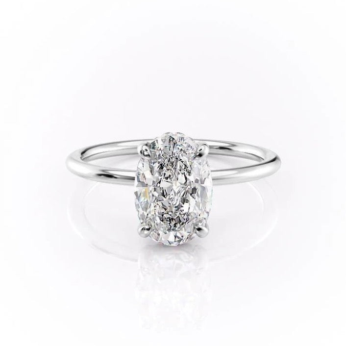 Oval Cut Moissanite Ring, Hidden Halo Design 4 Prong Setting