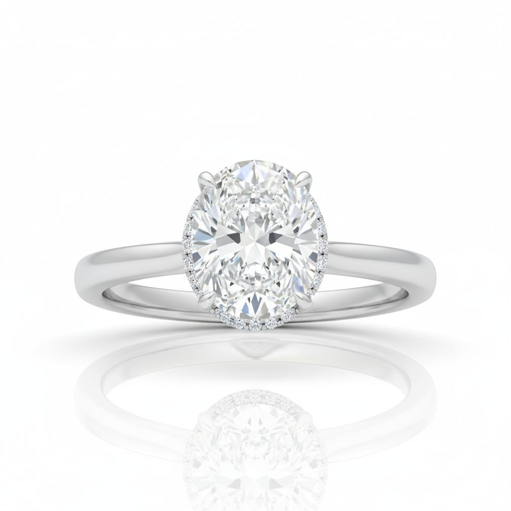 Oval Cut Moissanite Ring, Hidden Halo Design 4 Prong Setting