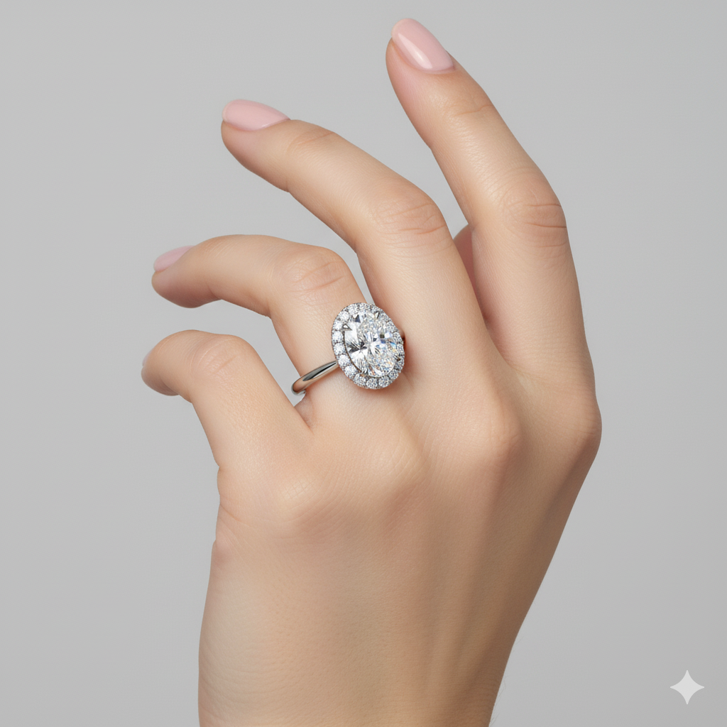 Halo Oval Cut Moissanite Engagement Ring in Tiffany Style