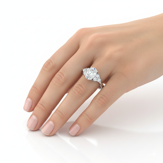 Oval Cut Moissanite Engagement Ring, 3 Round Side Stones Style