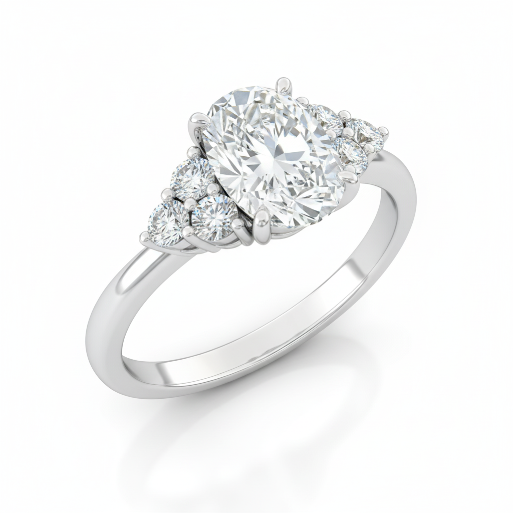 Oval Cut Moissanite Engagement Ring, 3 Round Side Stones Style