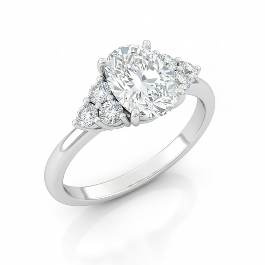 Oval Cut Moissanite Engagement Ring, 3 Round Side Stones Style
