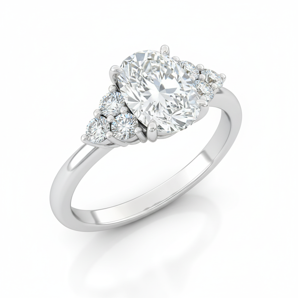 Oval Cut Moissanite Engagement Ring, 3 Round Side Stones Style