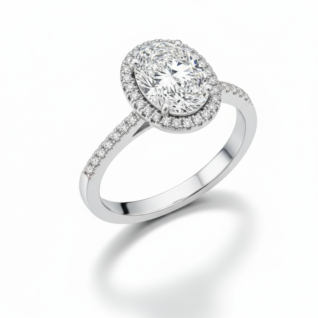 Oval Cut Moissanite Engagement Ring, Classic Halo with Pave Band Setting