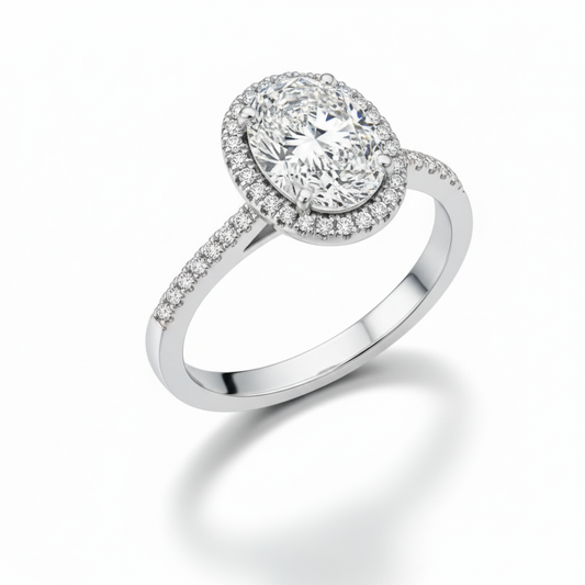 Oval Cut Moissanite Engagement Ring, Classic Halo with Pave Band Setting
