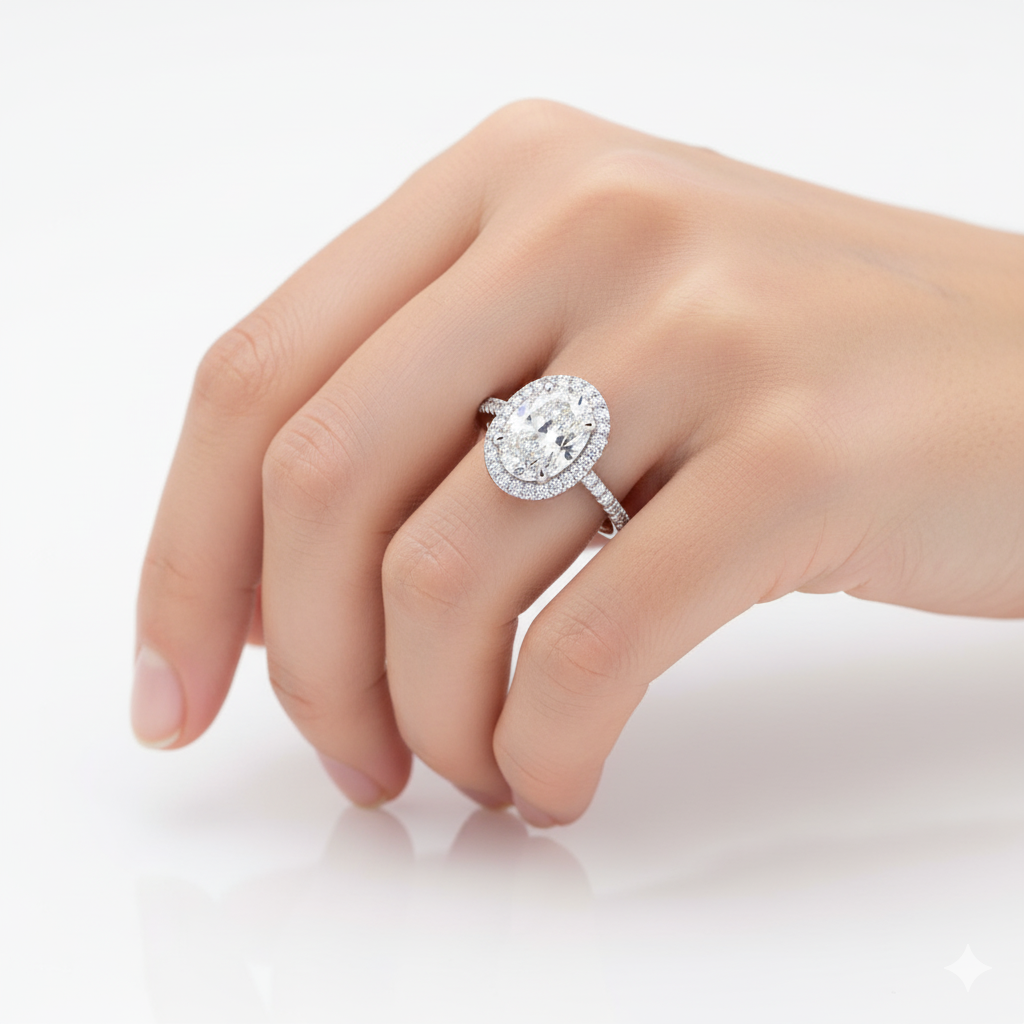 Oval Cut Moissanite Engagement Ring, Halo and Hidden Halo Pave Band Setting