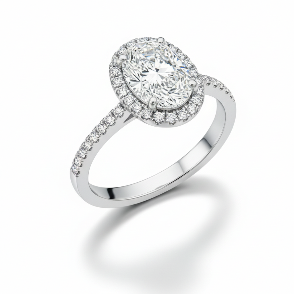 Oval Cut Moissanite Engagement Ring, Halo and Hidden Halo Pave Band Setting
