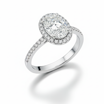 Oval Cut Moissanite Engagement Ring, Halo and Hidden Halo Pave Band Setting
