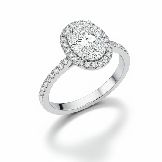 Oval Cut Moissanite Engagement Ring, Halo and Hidden Halo Pave Band Setting