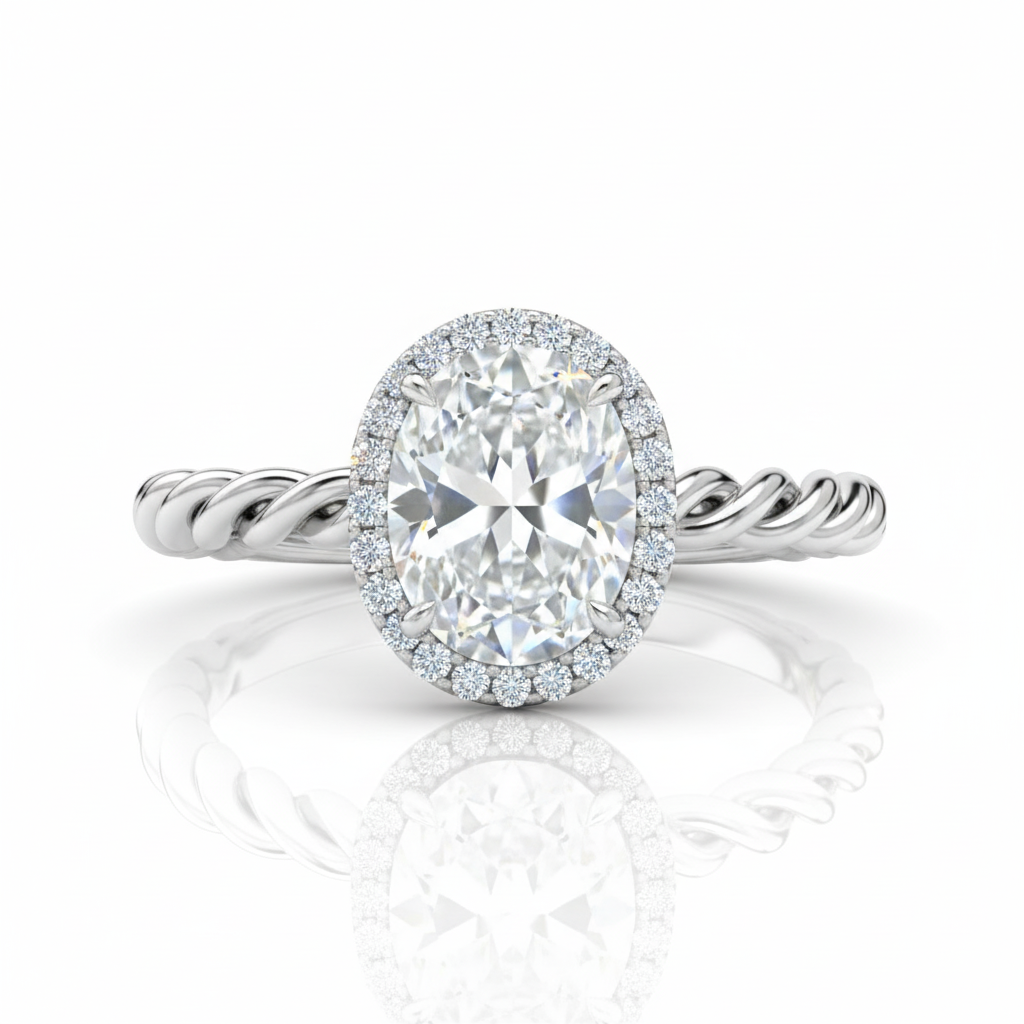 Oval Cut Moissanite Engagement Ring, Hidden Halo & Twisted Silver Band
