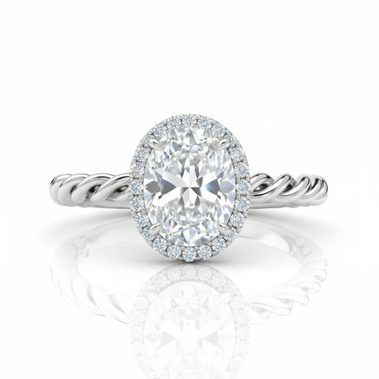 Oval Cut Moissanite Engagement Ring, Hidden Halo & Twisted Silver Band