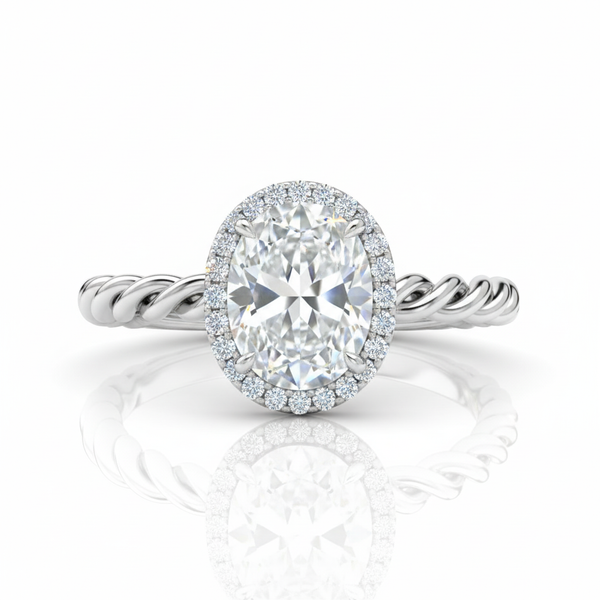 Oval Cut Moissanite Engagement Ring, Hidden Halo & Twisted Silver Band