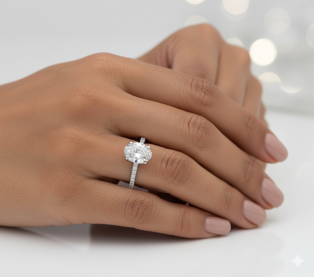 Oval Cut Moissanite Engagement Ring, Hidden Halo with Prong and Pave Band women hand
