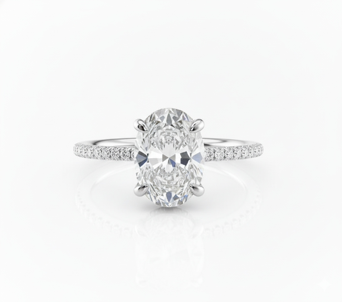 Oval Cut Moissanite Engagement Ring, Hidden Halo with Prong and Pave Band