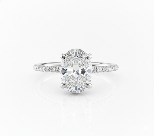 Oval Cut Moissanite Engagement Ring, Hidden Halo with Prong and Pave Band