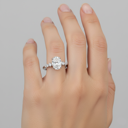 Oval Cut Moissanite Engagement Ring in Hidden Halo And Side Stones