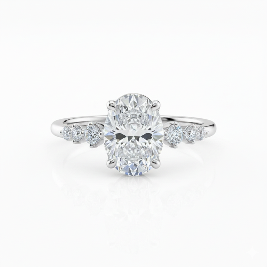 Oval Cut Moissanite Engagement Ring in Hidden Halo And Side Stones